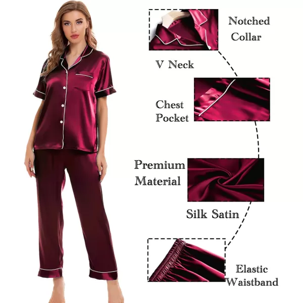 SWOMOG Womens Silk Satin Pajamas Sets 4pcs Sleepwear Sexy Cami Shorts Set and Button Down Short Sleeve Pjs LoungewearWine Red