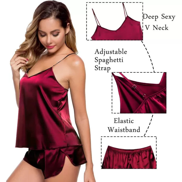 SWOMOG Womens Silk Satin Pajamas Sets 4pcs Sleepwear Sexy Cami Shorts Set and Button Down Short Sleeve Pjs LoungewearWine Red