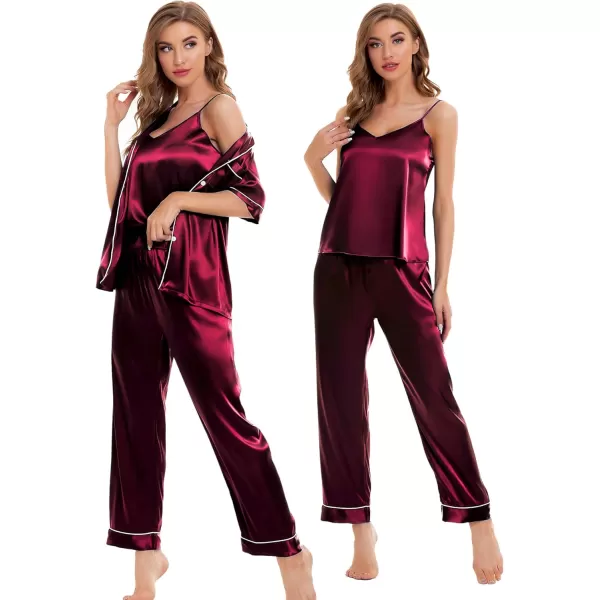 SWOMOG Womens Silk Satin Pajamas Sets 4pcs Sleepwear Sexy Cami Shorts Set and Button Down Short Sleeve Pjs LoungewearWine Red