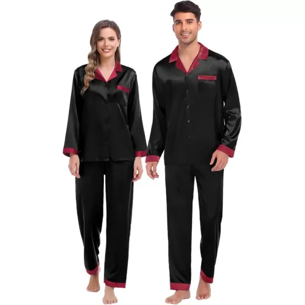 SWOMOG Couples Pajama Sets Women ampamp Men Silky Satin Long Sleeve Sleepwear Classic Button Down Soft Loungewear Pjs SetBlack