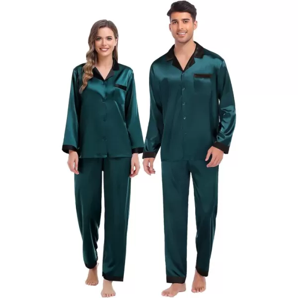 SWOMOG Couples Pajama Sets Women ampamp Men Silky Satin Long Sleeve Sleepwear Classic Button Down Soft Loungewear Pjs SetDeep Green