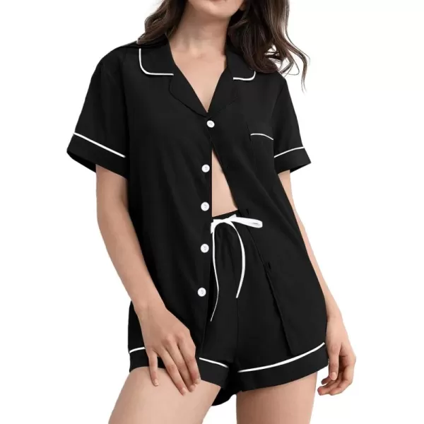 SWOMOG Pajamas for Women Soft Pjs Set Modal Pajama Set Short Sleeve Button Up Pajama Top Pj Shorts SleepwearBlack