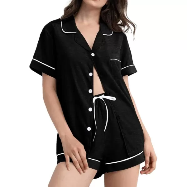 SWOMOG Pajamas for Women Soft Pjs Set Modal Pajama Set Short Sleeve Button Up Pajama Top Pj Shorts SleepwearBlack Grey