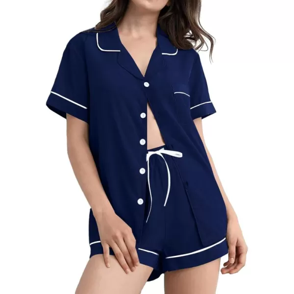 SWOMOG Pajamas for Women Soft Pjs Set Modal Pajama Set Short Sleeve Button Up Pajama Top Pj Shorts SleepwearNavy Blue