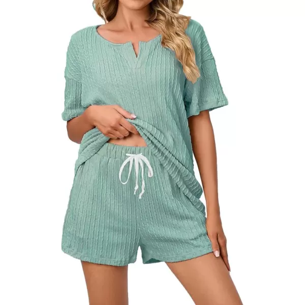 SWOMOG Womens Lounge Sets 2 Piece Ribbed Knit Pajama Set Short Sleeve Top ampamp Shorts Sweatsuit with PocketsGreen