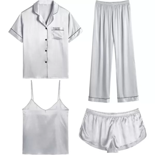 SWOMOG Womens Silk Satin Pajamas Sets 4pcs Sleepwear Sexy Cami Shorts Set and Button Down Short Sleeve Pjs LoungewearGrey