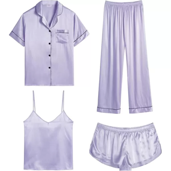 SWOMOG Womens Silk Satin Pajamas Sets 4pcs Sleepwear Sexy Cami Shorts Set and Button Down Short Sleeve Pjs LoungewearLavender