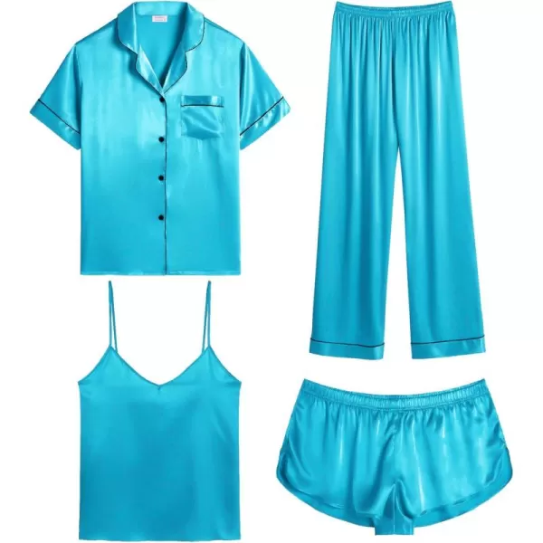 SWOMOG Womens Silk Satin Pajamas Sets 4pcs Sleepwear Sexy Cami Shorts Set and Button Down Short Sleeve Pjs LoungewearLight Blue