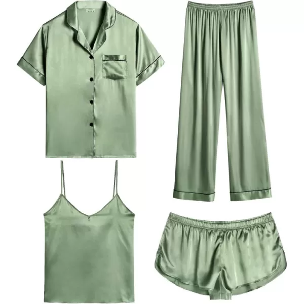 SWOMOG Womens Silk Satin Pajamas Sets 4pcs Sleepwear Sexy Cami Shorts Set and Button Down Short Sleeve Pjs LoungewearMatcha