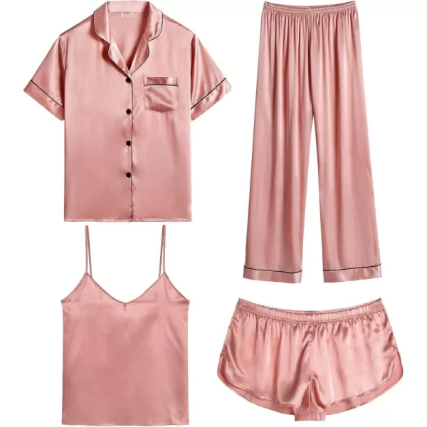 SWOMOG Womens Silk Satin Pajamas Sets 4pcs Sleepwear Sexy Cami Shorts Set and Button Down Short Sleeve Pjs LoungewearMisty Rose