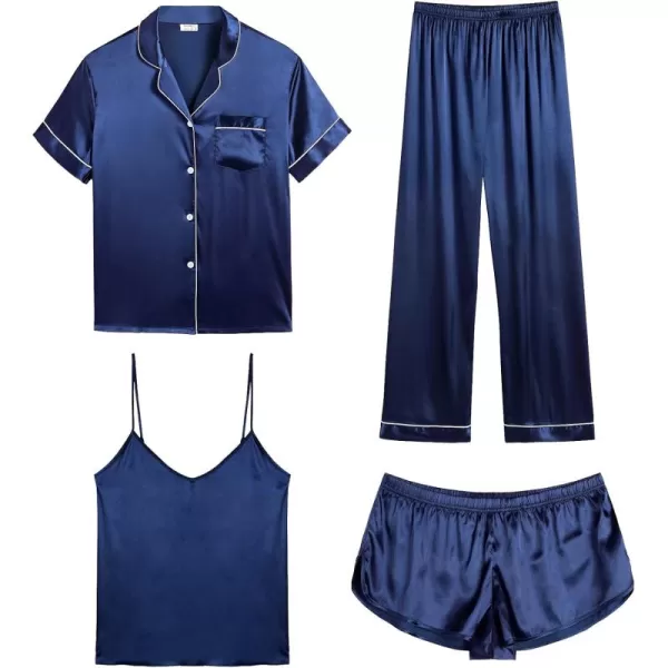 SWOMOG Womens Silk Satin Pajamas Sets 4pcs Sleepwear Sexy Cami Shorts Set and Button Down Short Sleeve Pjs LoungewearNavy Blue