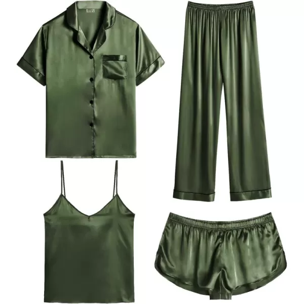 SWOMOG Womens Silk Satin Pajamas Sets 4pcs Sleepwear Sexy Cami Shorts Set and Button Down Short Sleeve Pjs LoungewearOlive Green