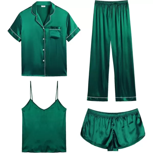 SWOMOG Womens Silk Satin Pajamas Sets 4pcs Sleepwear Sexy Cami Shorts Set and Button Down Short Sleeve Pjs LoungewearPersian Green