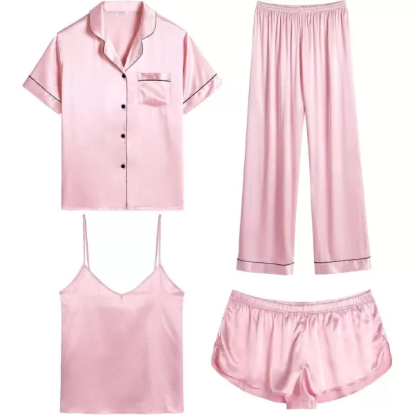 SWOMOG Womens Silk Satin Pajamas Sets 4pcs Sleepwear Sexy Cami Shorts Set and Button Down Short Sleeve Pjs LoungewearPink