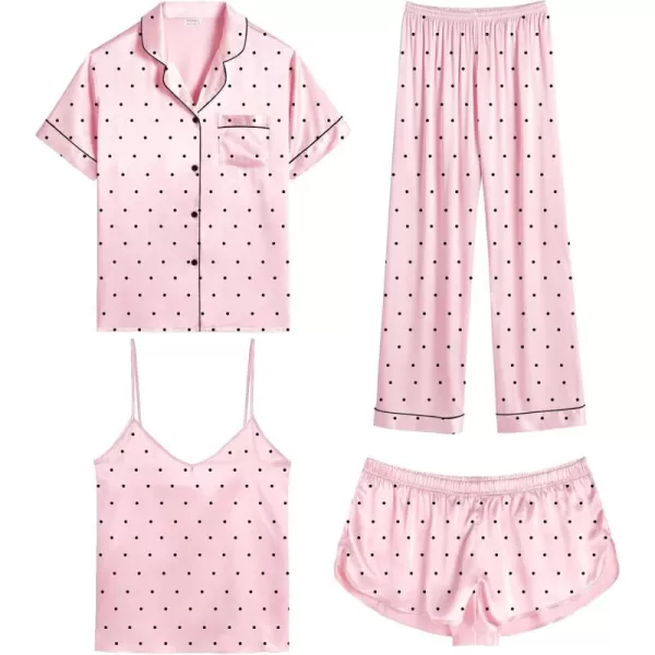 SWOMOG Womens Silk Satin Pajamas Sets 4pcs Sleepwear Sexy Cami Shorts Set and Button Down Short Sleeve Pjs LoungewearPink Dots