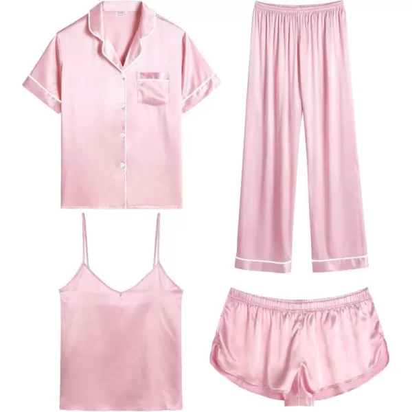 SWOMOG Womens Silk Satin Pajamas Sets 4pcs Sleepwear Sexy Cami Shorts Set and Button Down Short Sleeve Pjs LoungewearPink White Piping