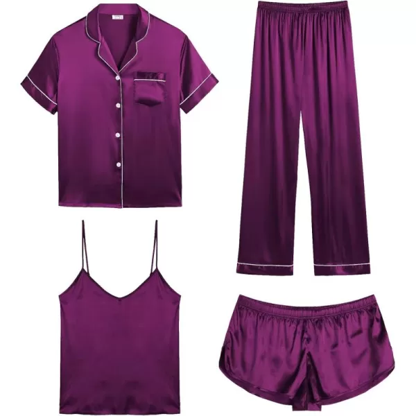 SWOMOG Womens Silk Satin Pajamas Sets 4pcs Sleepwear Sexy Cami Shorts Set and Button Down Short Sleeve Pjs LoungewearPurple