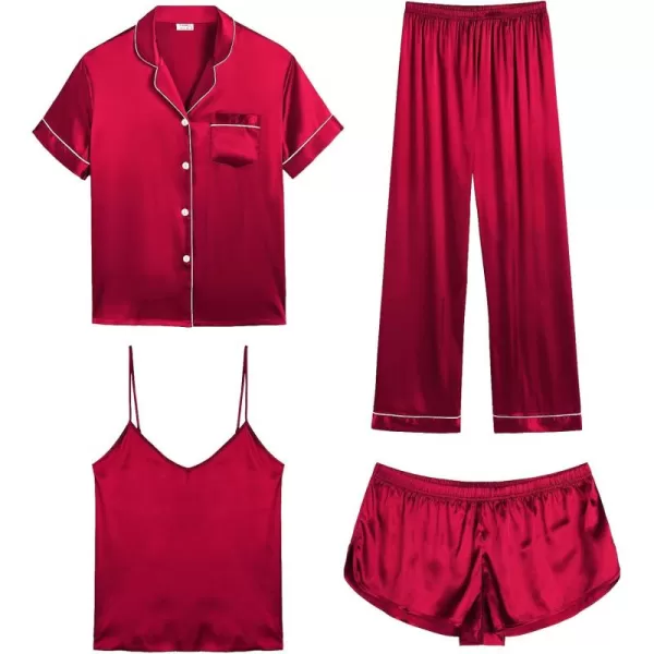 SWOMOG Womens Silk Satin Pajamas Sets 4pcs Sleepwear Sexy Cami Shorts Set and Button Down Short Sleeve Pjs LoungewearRed