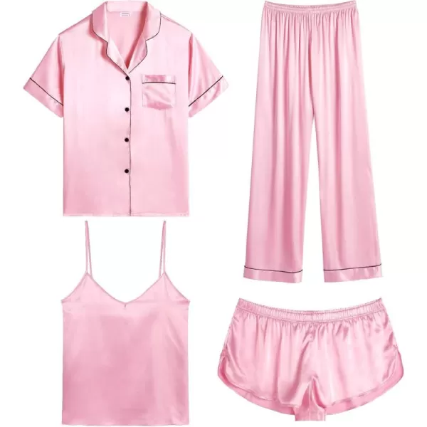 SWOMOG Womens Silk Satin Pajamas Sets 4pcs Sleepwear Sexy Cami Shorts Set and Button Down Short Sleeve Pjs LoungewearRose Pink