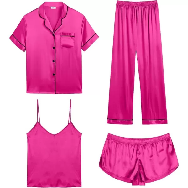 SWOMOG Womens Silk Satin Pajamas Sets 4pcs Sleepwear Sexy Cami Shorts Set and Button Down Short Sleeve Pjs LoungewearRose Red With Black Piping