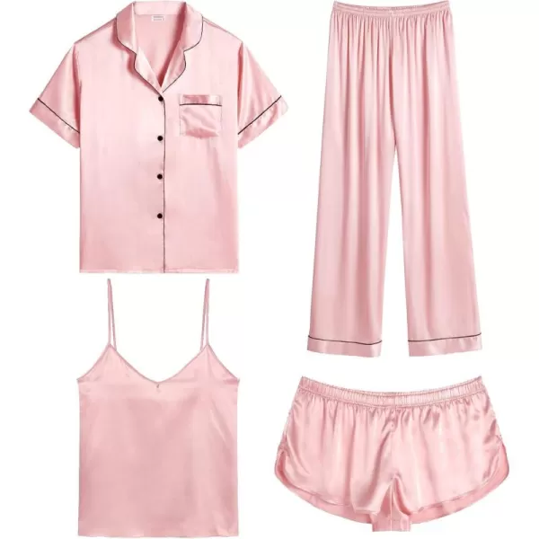 SWOMOG Womens Silk Satin Pajamas Sets 4pcs Sleepwear Sexy Cami Shorts Set and Button Down Short Sleeve Pjs LoungewearSakura Pink