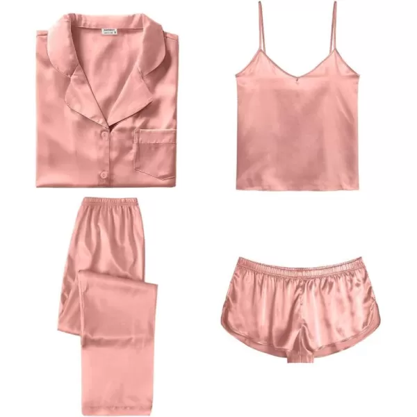 SWOMOG Womens Silk Satin Pajamas Sets 4pcs Sleepwear Sexy Cami Shorts Set and Button Down Short Sleeve Pjs LoungewearSolid Color Gold Pink