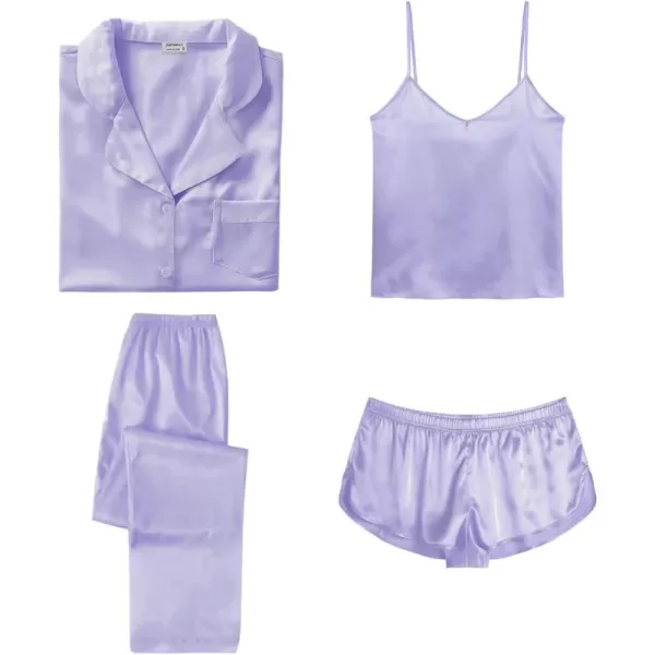 SWOMOG Womens Silk Satin Pajamas Sets 4pcs Sleepwear Sexy Cami Shorts Set and Button Down Short Sleeve Pjs LoungewearSolid Color Lavender