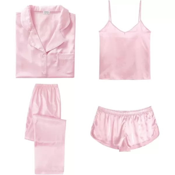 SWOMOG Womens Silk Satin Pajamas Sets 4pcs Sleepwear Sexy Cami Shorts Set and Button Down Short Sleeve Pjs LoungewearSolid Color Pink