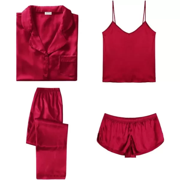 SWOMOG Womens Silk Satin Pajamas Sets 4pcs Sleepwear Sexy Cami Shorts Set and Button Down Short Sleeve Pjs LoungewearSolid Color Red