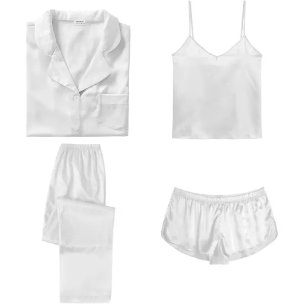 SWOMOG Womens Silk Satin Pajamas Sets 4pcs Sleepwear Sexy Cami Shorts Set and Button Down Short Sleeve Pjs LoungewearSolid Color White