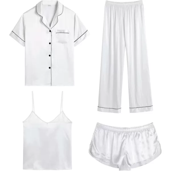 SWOMOG Womens Silk Satin Pajamas Sets 4pcs Sleepwear Sexy Cami Shorts Set and Button Down Short Sleeve Pjs LoungewearWhite