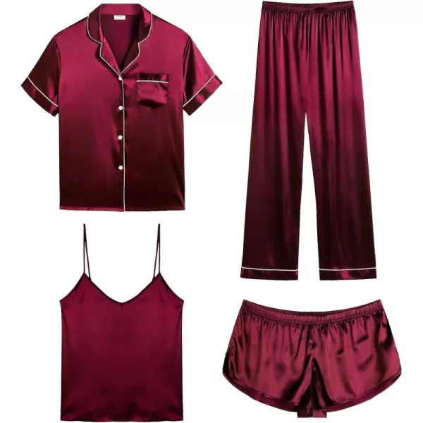 SWOMOG Womens Silk Satin Pajamas Sets 4pcs Sleepwear Sexy Cami Shorts Set and Button Down Short Sleeve Pjs LoungewearWine Red