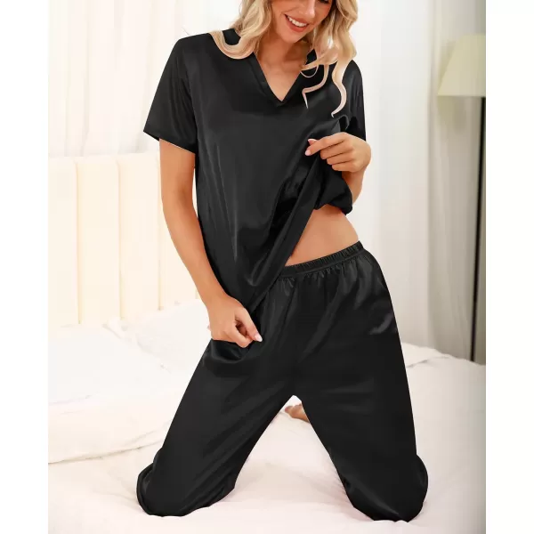 imageSWOMOG 3 PCS Womens Silk Pajamas Set V Neck Sleepwear Short Sleeve Satin Pajama Shorts Sets Bride Pj Lounge Sets with PantsBlack