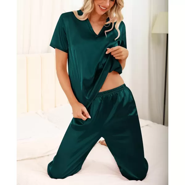 imageSWOMOG 3 PCS Womens Silk Pajamas Set V Neck Sleepwear Short Sleeve Satin Pajama Shorts Sets Bride Pj Lounge Sets with PantsDeep Green