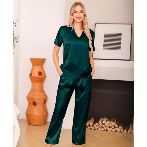 imageSWOMOG 3 PCS Womens Silk Pajamas Set V Neck Sleepwear Short Sleeve Satin Pajama Shorts Sets Bride Pj Lounge Sets with PantsDeep Green