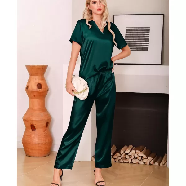 imageSWOMOG 3 PCS Womens Silk Pajamas Set V Neck Sleepwear Short Sleeve Satin Pajama Shorts Sets Bride Pj Lounge Sets with PantsDeep Green