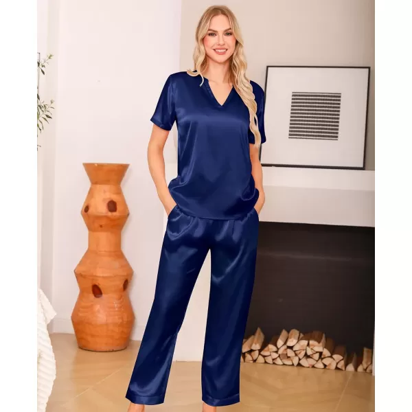 imageSWOMOG 3 PCS Womens Silk Pajamas Set V Neck Sleepwear Short Sleeve Satin Pajama Shorts Sets Bride Pj Lounge Sets with PantsNavy Blue