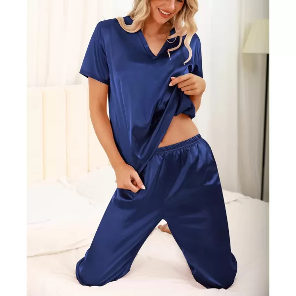 imageSWOMOG 3 PCS Womens Silk Pajamas Set V Neck Sleepwear Short Sleeve Satin Pajama Shorts Sets Bride Pj Lounge Sets with PantsNavy Blue