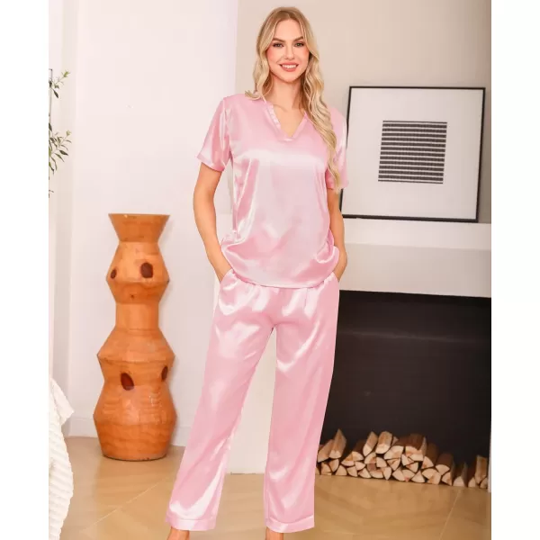 imageSWOMOG 3 PCS Womens Silk Pajamas Set V Neck Sleepwear Short Sleeve Satin Pajama Shorts Sets Bride Pj Lounge Sets with PantsPink