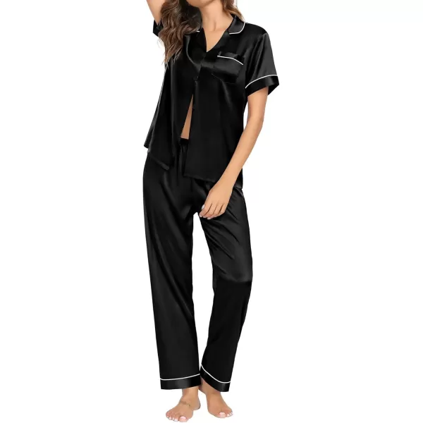 imageSWOMOG Couple Pajama Sets Silk Satin Sleepwear Short Sleeve and Long Pants Pjs Set Soft Loungewear Classic PajamasBlack