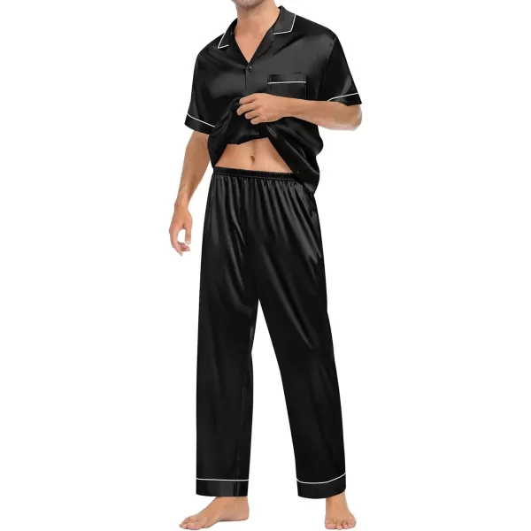 imageSWOMOG Couple Pajama Sets Silk Satin Sleepwear Short Sleeve and Long Pants Pjs Set Soft Loungewear Classic PajamasBlack