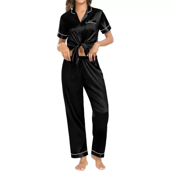 imageSWOMOG Couple Pajama Sets Silk Satin Sleepwear Short Sleeve and Long Pants Pjs Set Soft Loungewear Classic PajamasBlack