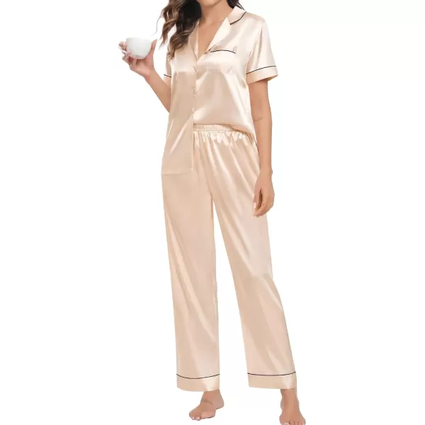 imageSWOMOG Couple Pajama Sets Silk Satin Sleepwear Short Sleeve and Long Pants Pjs Set Soft Loungewear Classic PajamasChampagne