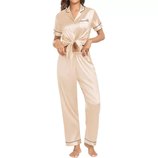 imageSWOMOG Couple Pajama Sets Silk Satin Sleepwear Short Sleeve and Long Pants Pjs Set Soft Loungewear Classic PajamasChampagne