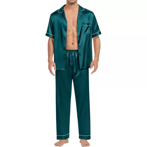 imageSWOMOG Couple Pajama Sets Silk Satin Sleepwear Short Sleeve and Long Pants Pjs Set Soft Loungewear Classic PajamasDeep Green