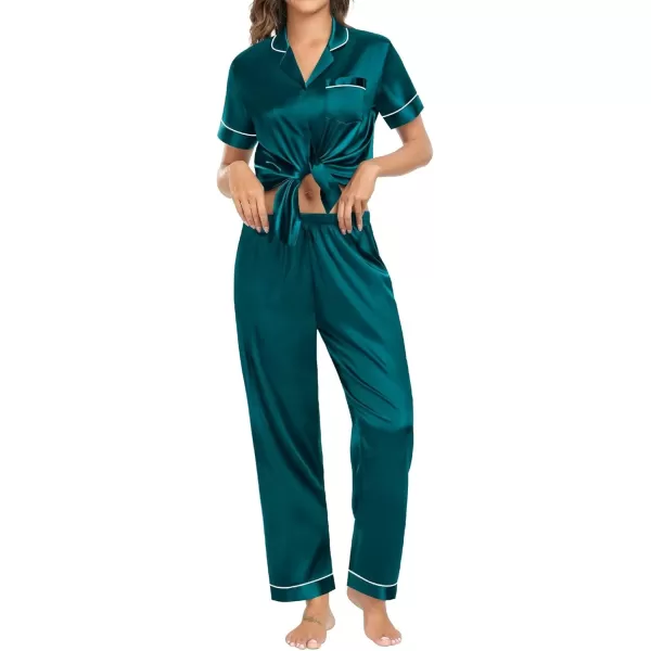 imageSWOMOG Couple Pajama Sets Silk Satin Sleepwear Short Sleeve and Long Pants Pjs Set Soft Loungewear Classic PajamasDeep Green