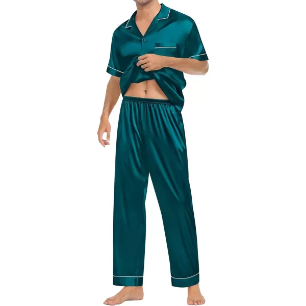 imageSWOMOG Couple Pajama Sets Silk Satin Sleepwear Short Sleeve and Long Pants Pjs Set Soft Loungewear Classic PajamasDeep Green