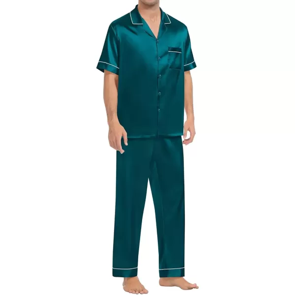 imageSWOMOG Couple Pajama Sets Silk Satin Sleepwear Short Sleeve and Long Pants Pjs Set Soft Loungewear Classic PajamasDeep Green