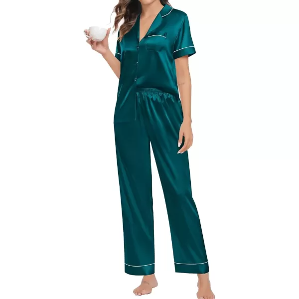 imageSWOMOG Couple Pajama Sets Silk Satin Sleepwear Short Sleeve and Long Pants Pjs Set Soft Loungewear Classic PajamasDeep Green