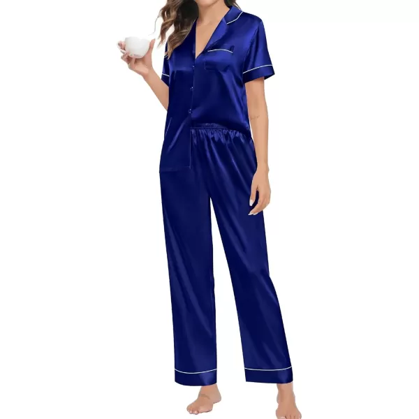 imageSWOMOG Couple Pajama Sets Silk Satin Sleepwear Short Sleeve and Long Pants Pjs Set Soft Loungewear Classic PajamasNavy Blue